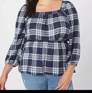 Lane Bryant Blue and White Smocked 3/4 Sleeve Blouse